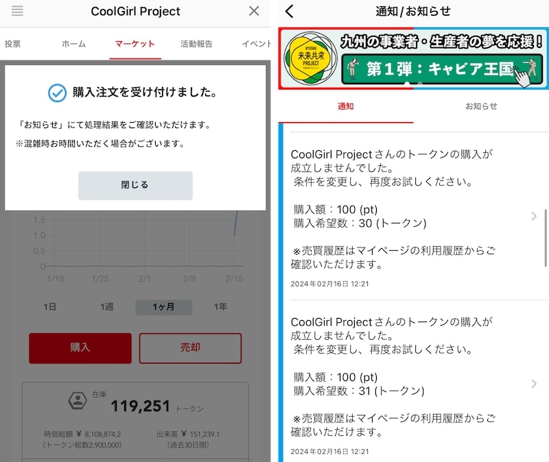 FiNANCiE(フィナンシェ)のトークンを買えたと思ったら買えてないパターン